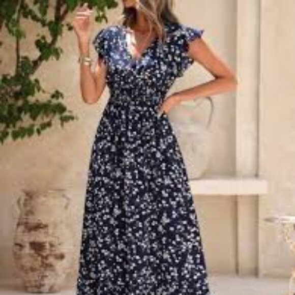 SHEIN Size L (8-10) Blue with White Floral V-Neck Ruffle Sleeve Maxi Dress - Picture 1 of 13